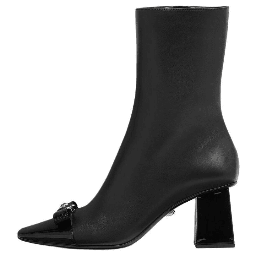 VERSACE Medusa Gianni Ribbon Cow Leather Square Toe Zipper Ankle Boots 7cm Women's Black 4