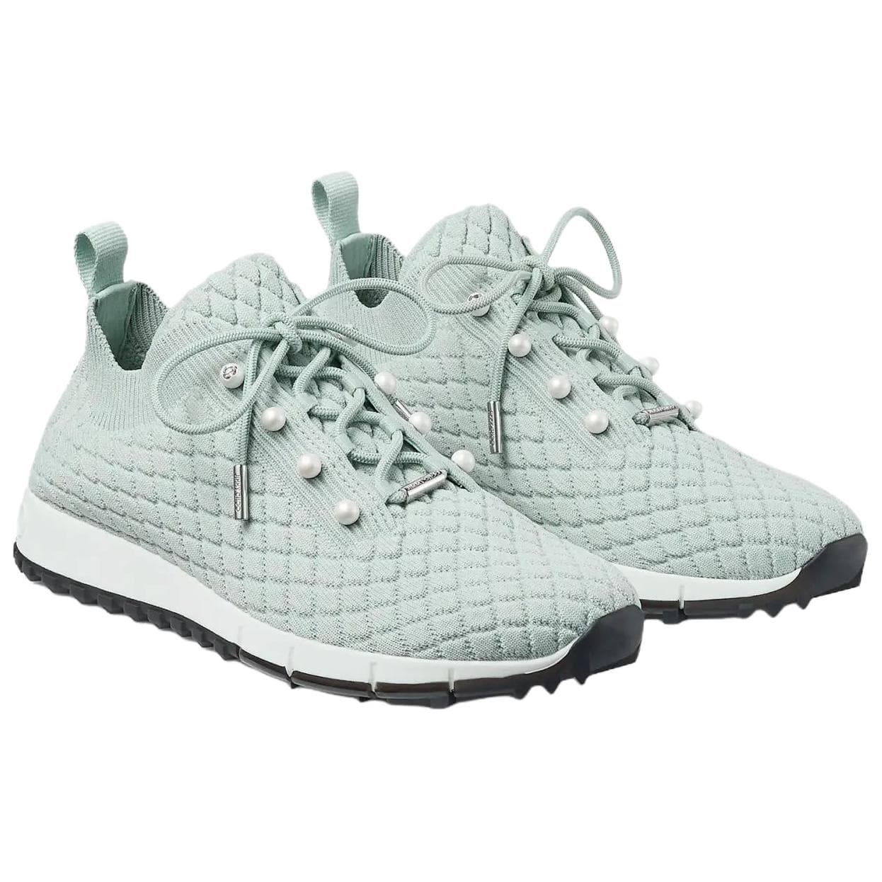 Jimmy Choo Veles Textured Knit Crystal-Embellished Button Round-Toe Lace-Up Low-Top Casual Shoes Women's Light Aqua Green 5
