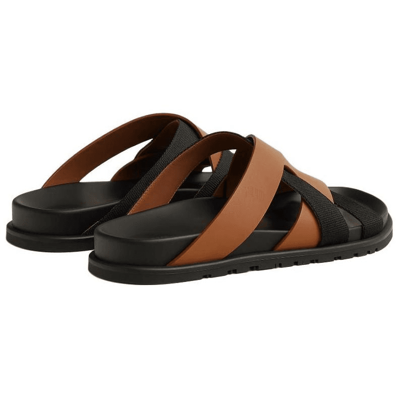 HERMES Kazimir Woven Ribbon and Calfskin Open-Toe Slip-On Flip-Flops Men's Black 6