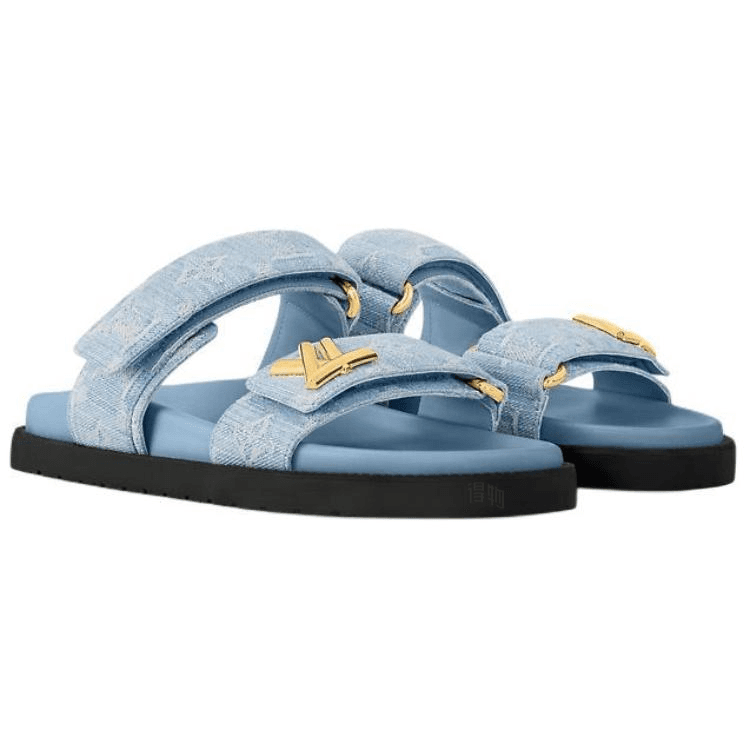 LOUIS VUITTON Sunset Denim Round Toe Open-Toe Slide Sandals Women's Blue 5