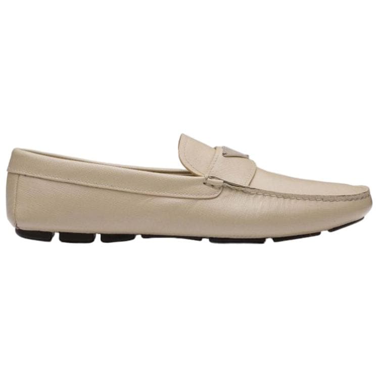 PRADA Leather Logo Slip-On Loafers Men's Beige 3