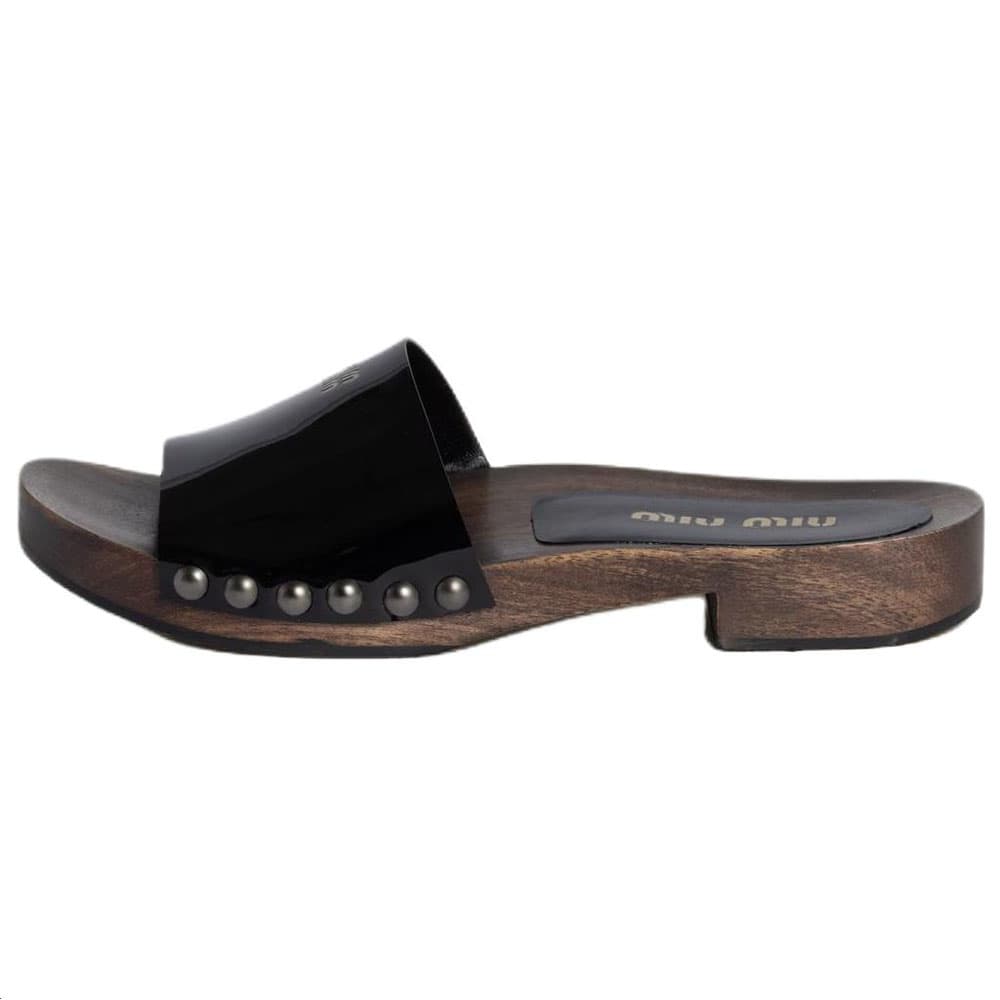 MIU MIU Patent Leather Round Toe Open Toe Runway Style Slide Sandals Women's Black 2