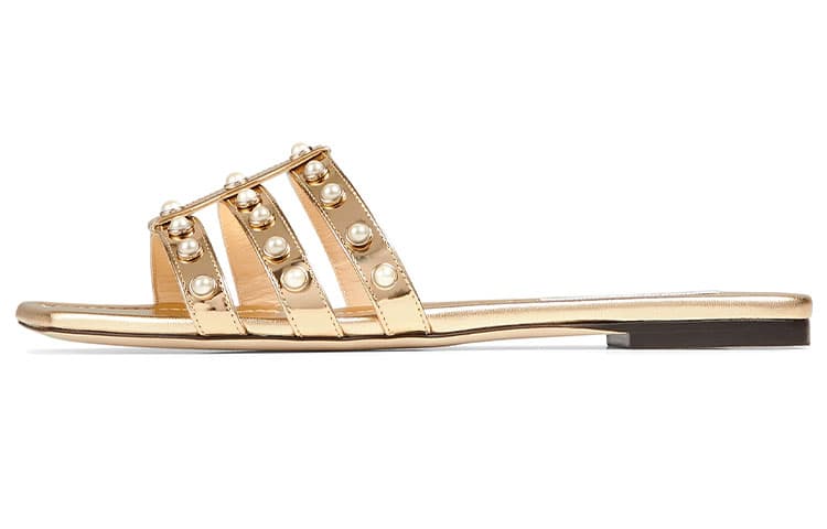 Jimmy Choo Hazal Flat Pearl Embellishment Metallic Leather Fashion Studded One-Strap Flip Flops Women's Gold