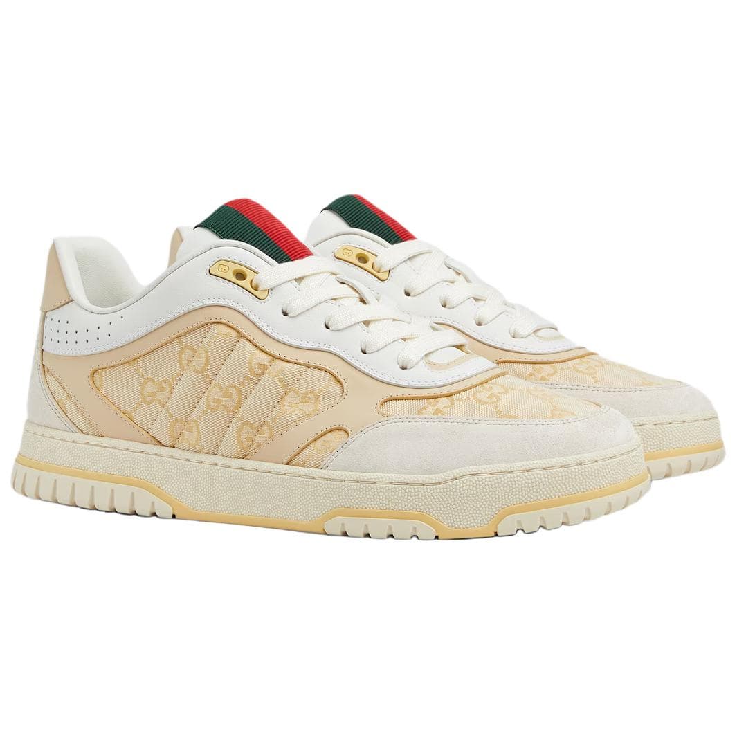 GUCCI Re-Web Suede Canvas Round Toe Lace-Up Low-Top Sneakers Men's Beige 6