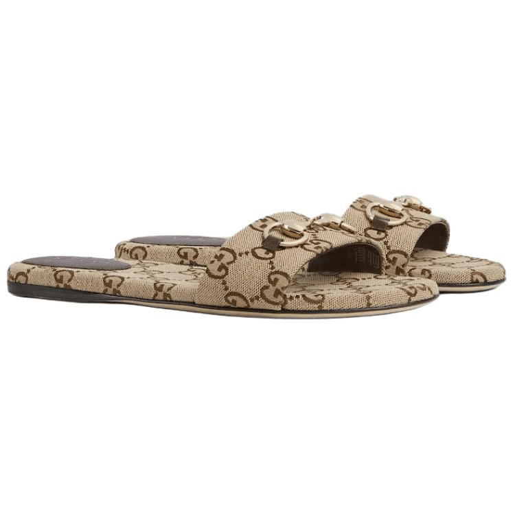 GUCCI Horsebit Canvas Toe-Thong Flat Sandals Women's Beige 6