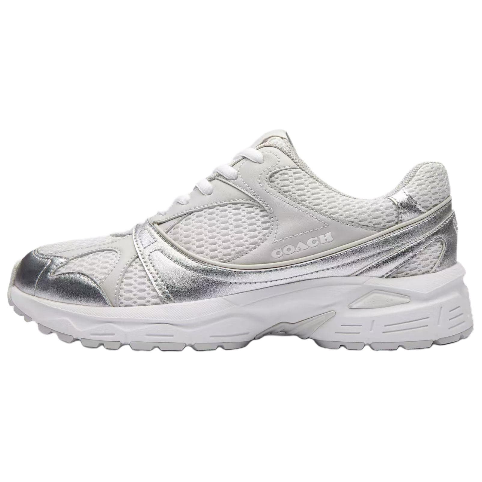 COACH Mesh Leather Round Toe Lace-Up Low-Top Casual Lifestyle Shoes Women's Silver 2