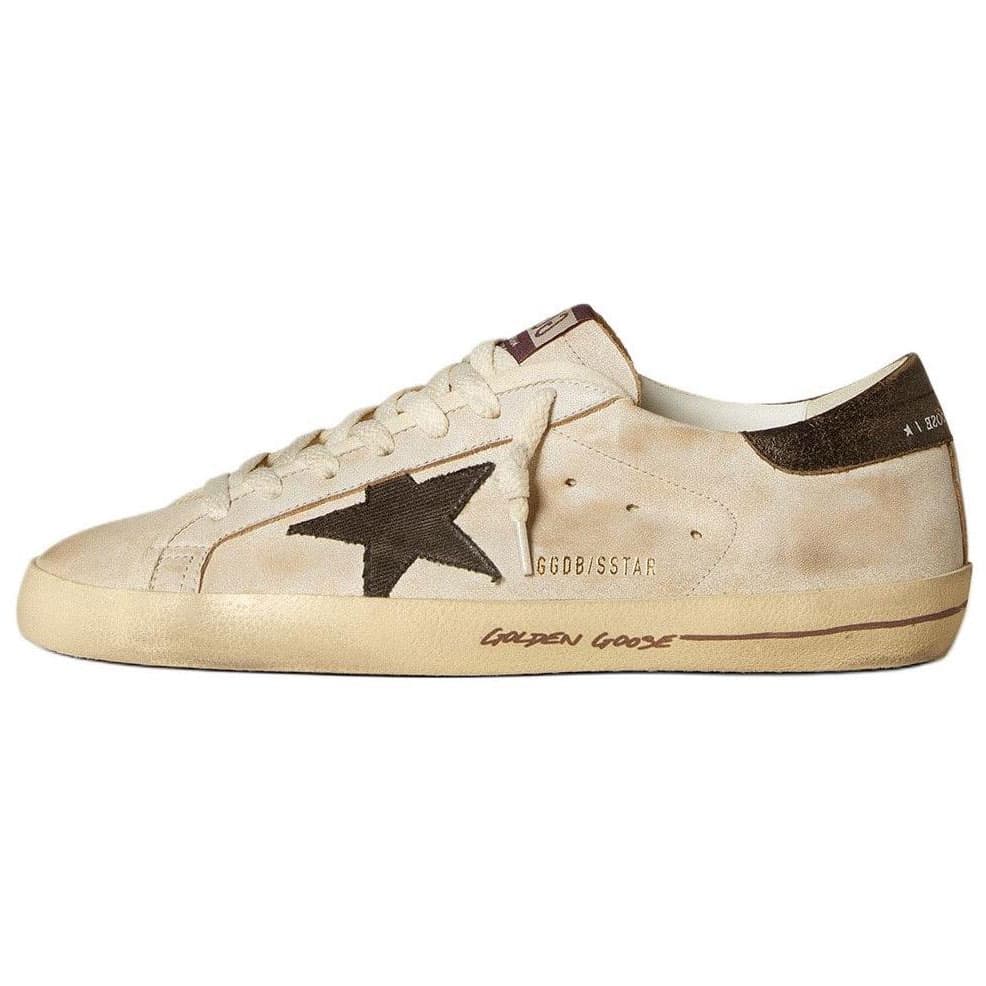Golden Goose Super-Star Leather Cotton Denim Star Pattern Low-Top Sneakers Men's Beige