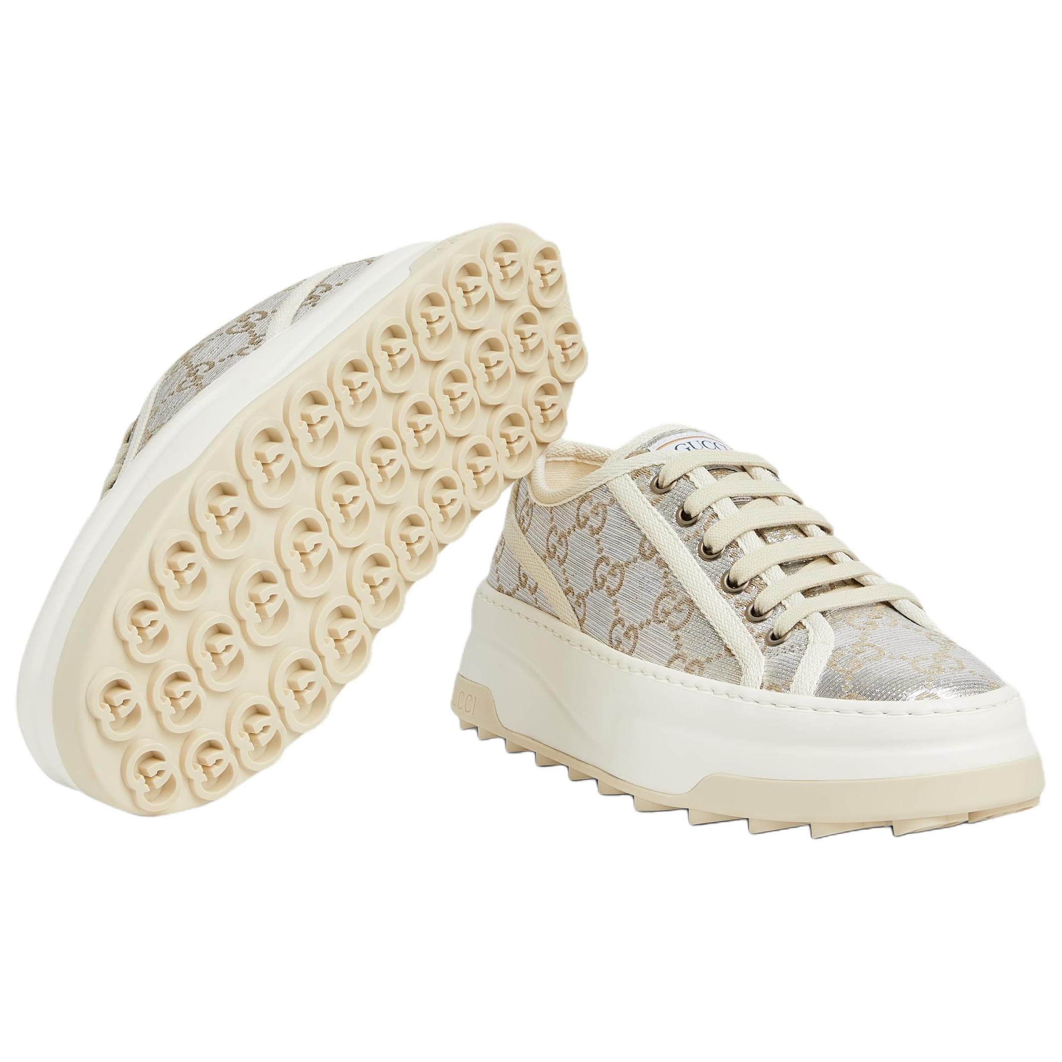 GUCCI Women's Tennis 1977 Canvas Metallic GG Grosgrain Trim Round Toe Lace-Up Low-Top Sneakers Silver 6