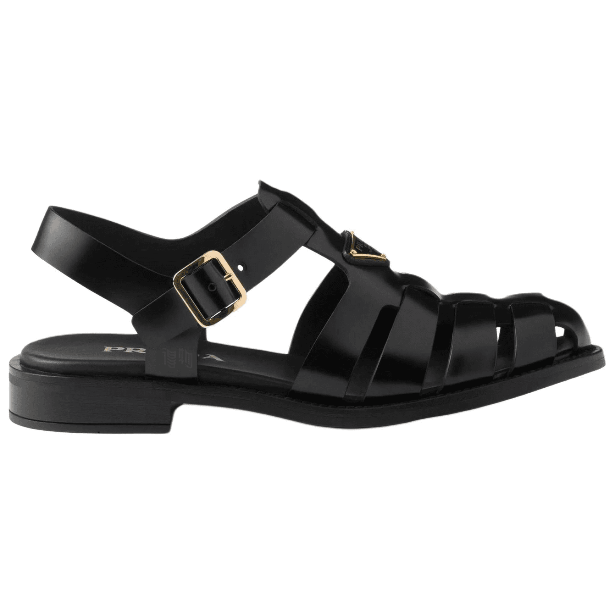 PRADA Fisherman Calfskin Enameled Triangle Metal Logo Round Buckle Fisherman Roman Sandals Women's Black 3