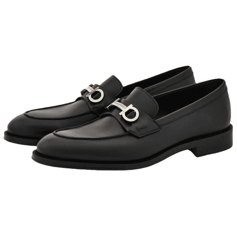 FERRAGAMO GANCINI Calfskin Leather Round-Toe Slip-On Loafers Men's Black 6