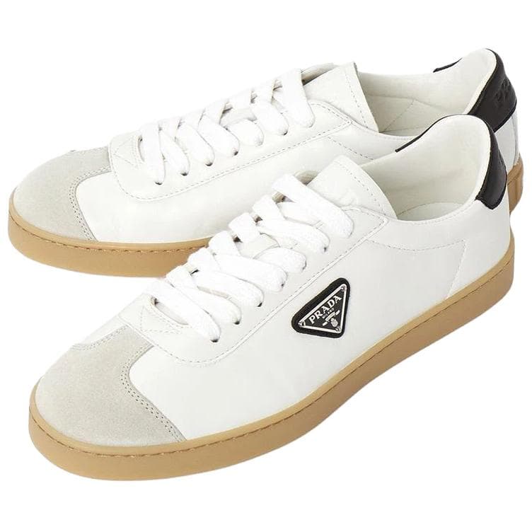 PRADA Lane Calfskin Round Toe Lace-Up Low-Top Sneakers Men's White 6