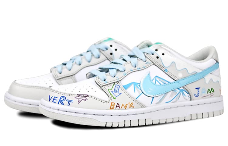 Nike Dunk Anti-Slip Wear-Resistant Low-Top Skateboard Shoes GS White Gray Blue 6