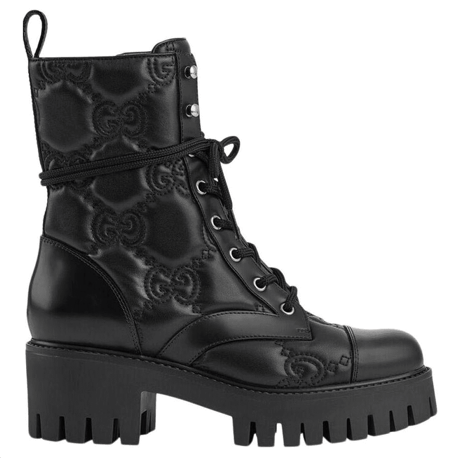 GUCCI Gg 70mm Quilted Lace Up Boots Black Leather Women's 4