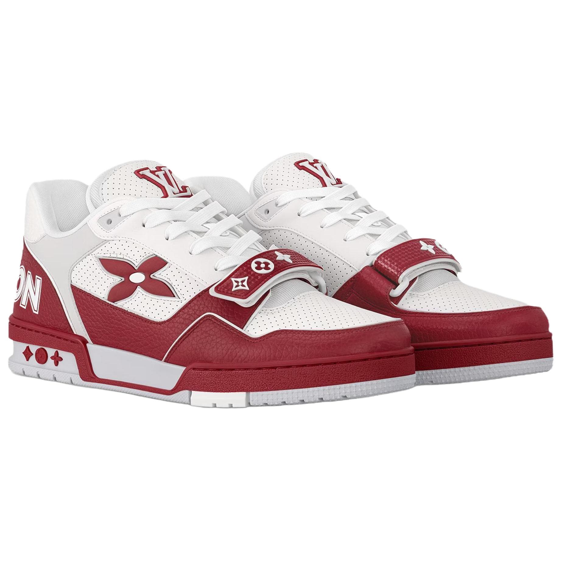 LOUIS VUITTON Trainer Calf Leather Floral Pattern Round Toe Lace-Up Low-Top Sneakers Men's Red 6