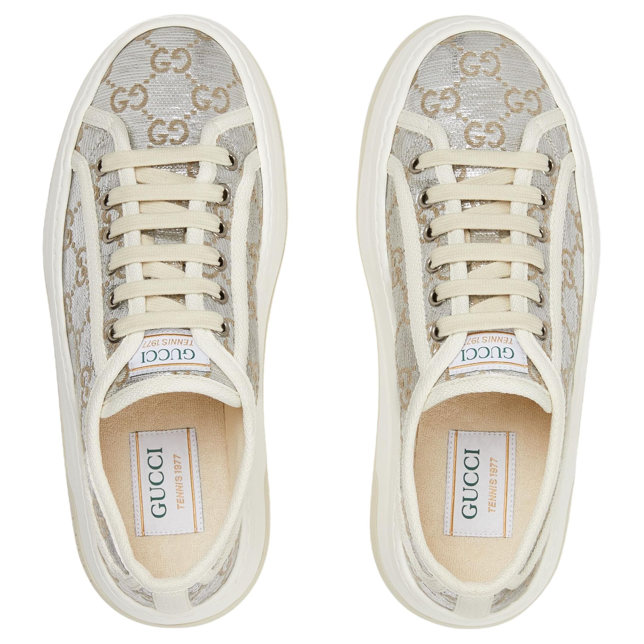 GUCCI Women's Tennis 1977 Canvas Metallic GG Grosgrain Trim Round Toe Lace-Up Low-Top Sneakers Silver 2