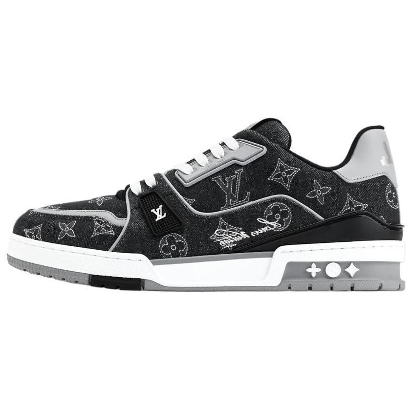 LOUIS VUITTON Trainer Denim Calf Leather Embroidered Lace-Up Low-Top Skate Shoes Men's Black 2
