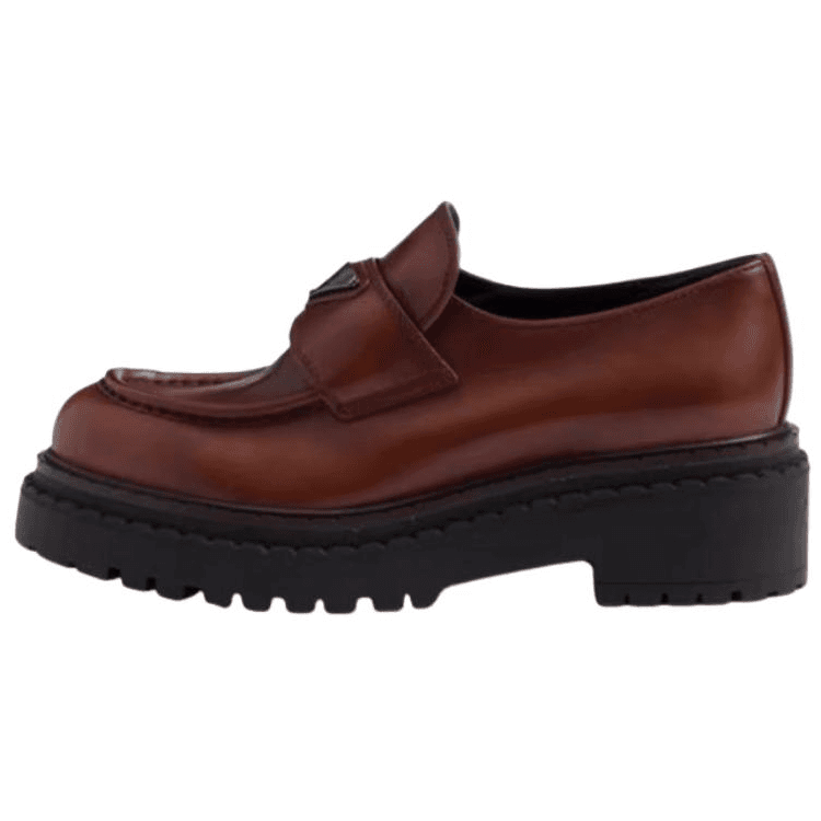 PRADA Cow Leather Thick Sole Round Toe Metal Logo Detail Loafers 5.5cm Women's Brown 2