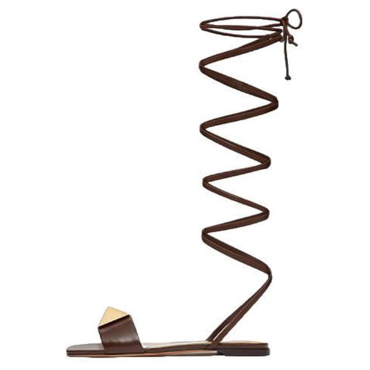 Valentino One Stud Leather Rivets Slip-On Flat Heel Strap Sandals Women's Dark Brown