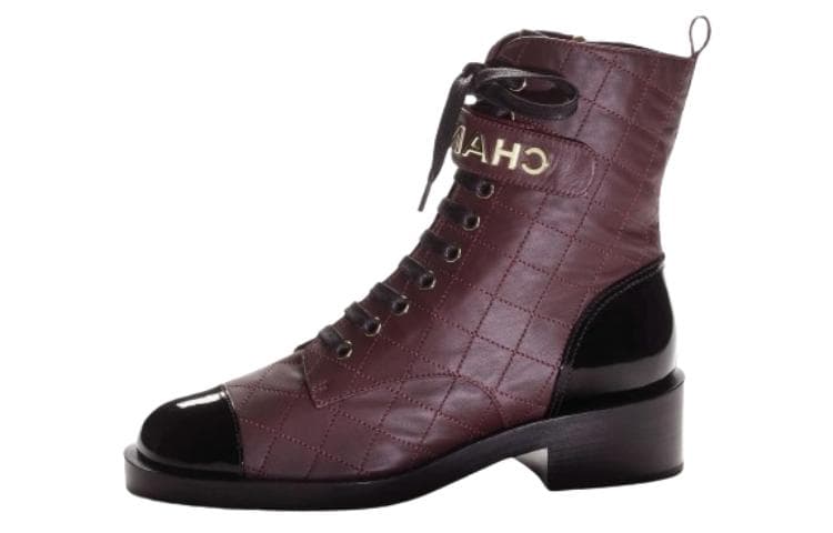 CHANEL Leather Comfortable Chunky Heel Simple Lace-Up Ankle Boots Women's Wine Red