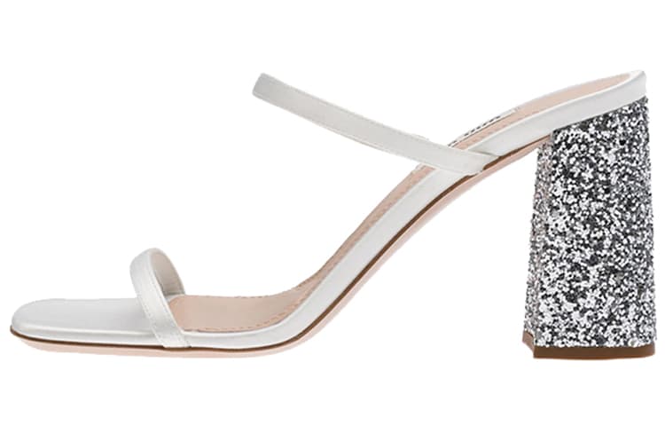 MIU MIU Satin Glitter Block Heel Slide Sandals Women's Silver White