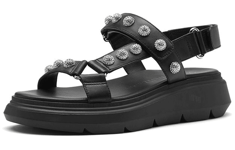 Stuart Weitzman Leather Platform Velcro Strap Sandals Women's Black 5