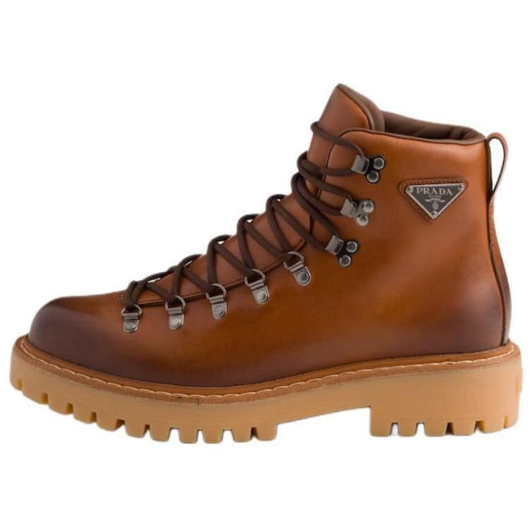 PRADA Leather Round Toe Lace-Up Short-Cut Outdoor Boots 6cm Men's Brown 2