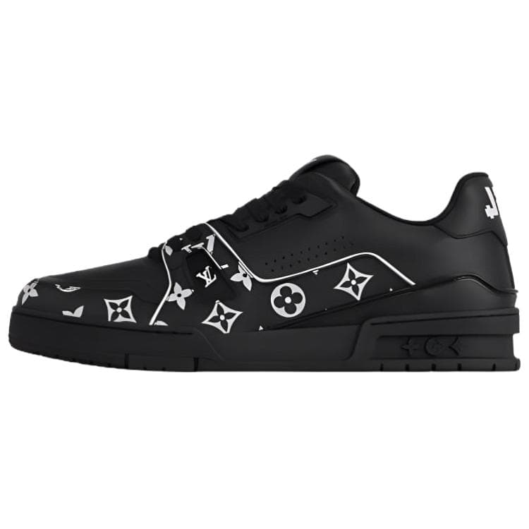 LOUIS VUITTON Trainer Calfskin Leather Round Toe Lace-Up Low-Top Sneakers Men's Black