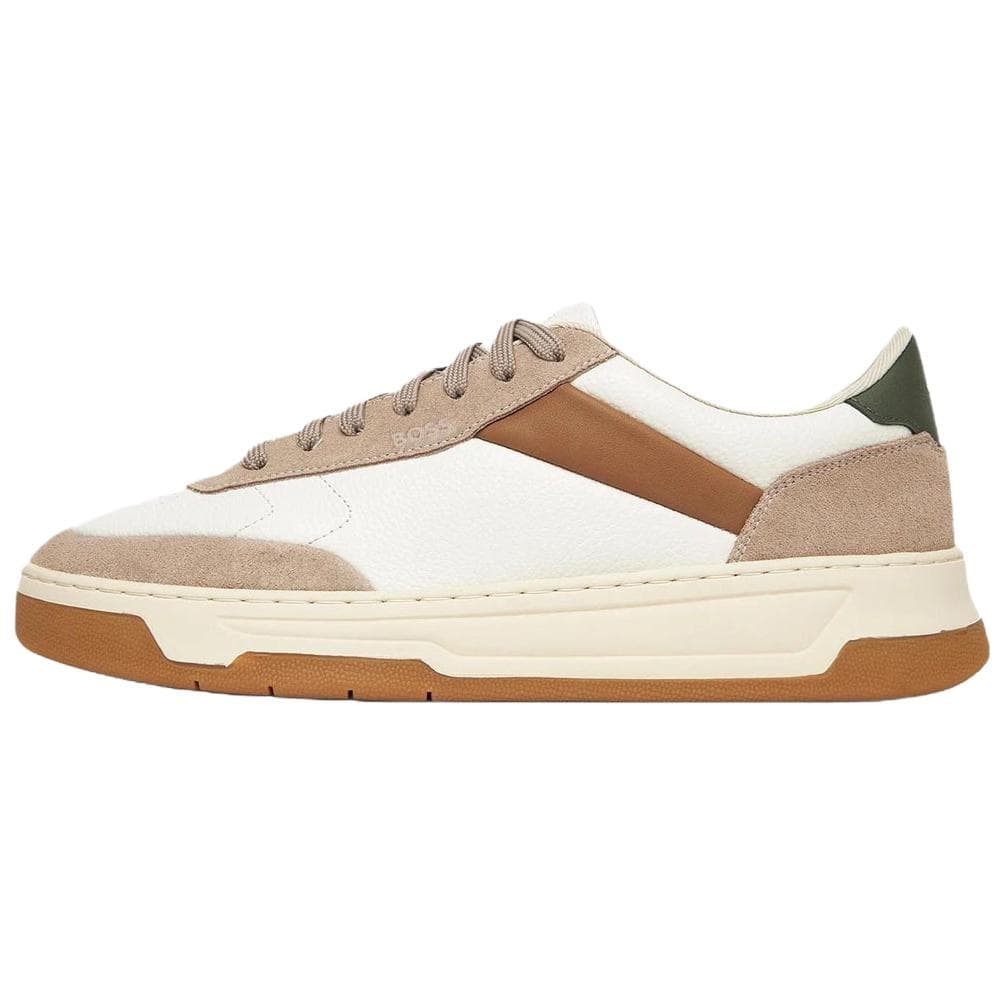 HUGO BOSS Baltimore Tenn Leather Round Toe Lace-Up Low-Top Sneakers Men's Beige