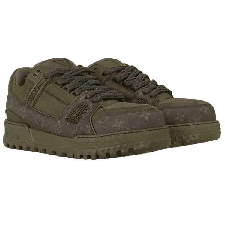 LOUIS VUITTON Trainer Maxi Calfskin Leather Round Toe Lace-Up Low-Top Skate Shoes Men's Army Green 6
