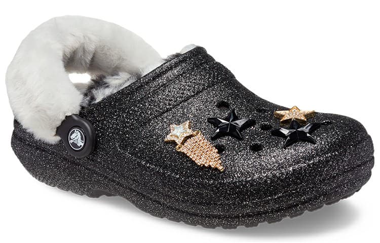 Crocs Disco Classic Lined Disco Glitter Clogs 'Black White' 5