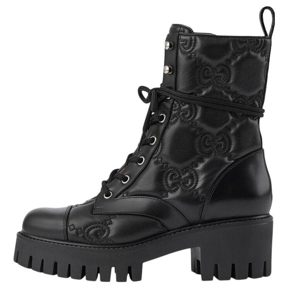 GUCCI Gg 70mm Quilted Lace Up Boots Black Leather Women's