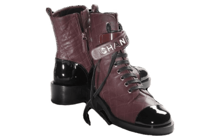 CHANEL Leather Comfortable Chunky Heel Simple Lace-Up Ankle Boots Women's Wine Red 5