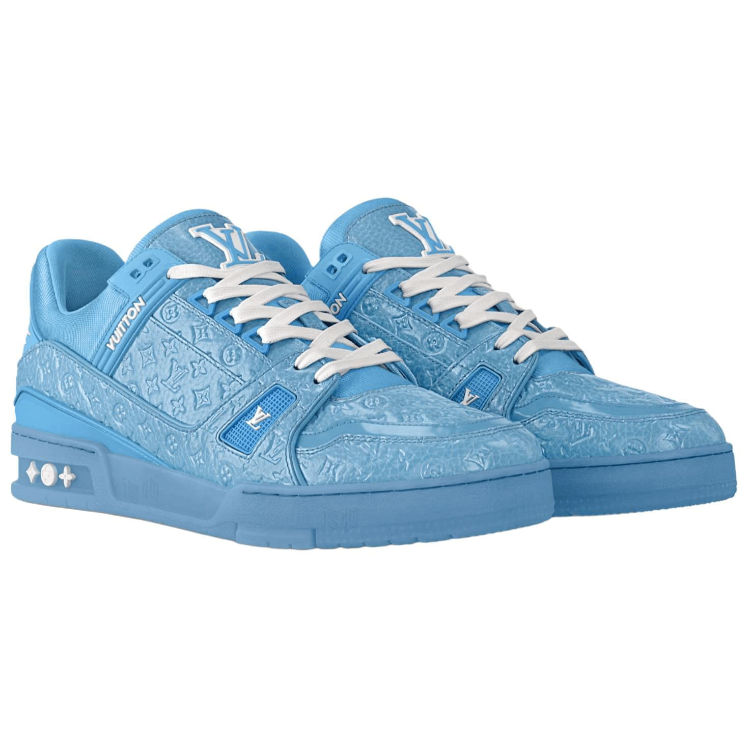 LOUIS VUITTON Trainer Patent Calfskin Leather Round-Toe Lace-Up Pattern Embossed Low-Top Sneakers Men's Blue 6