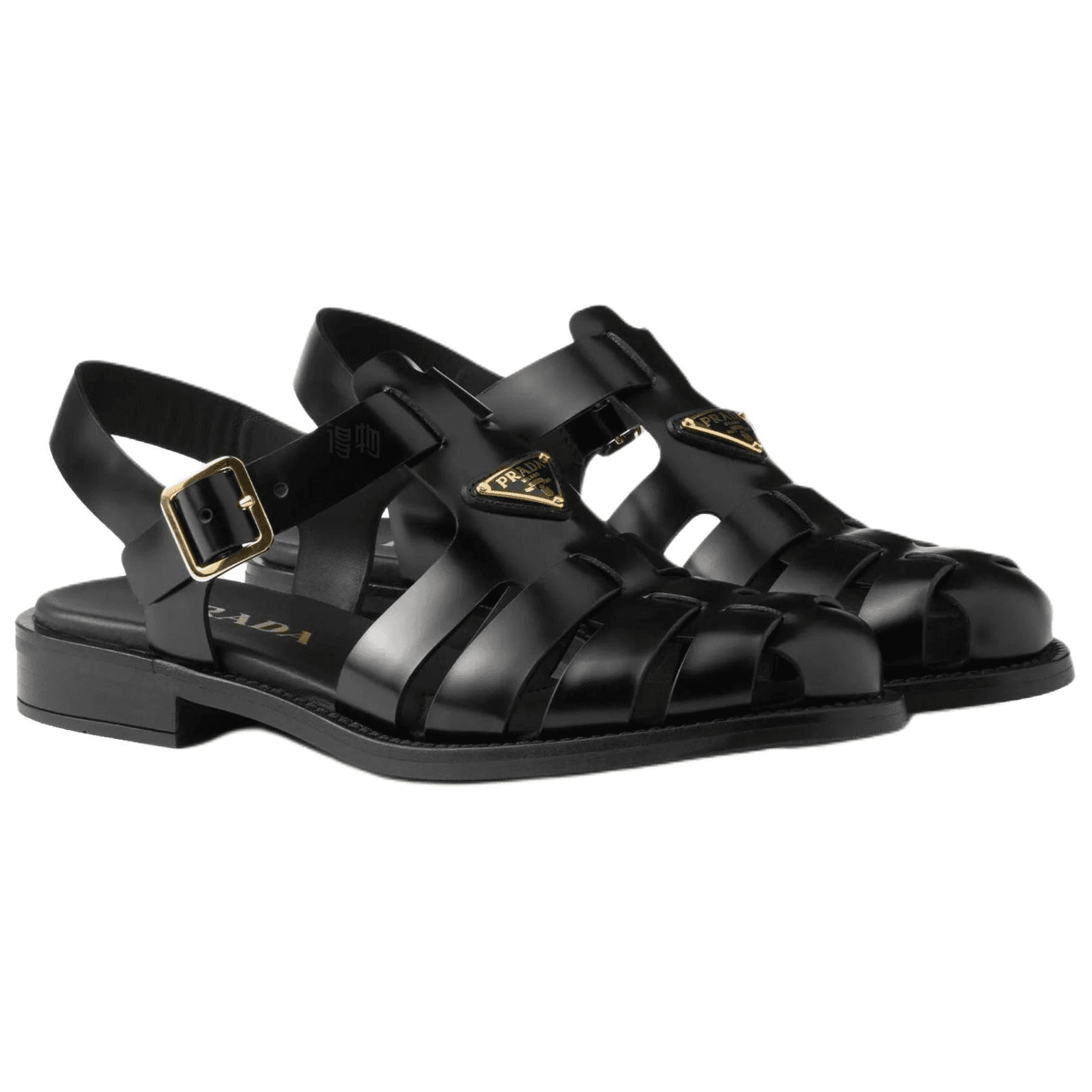 PRADA Fisherman Calfskin Enameled Triangle Metal Logo Round Buckle Fisherman Roman Sandals Women's Black 5