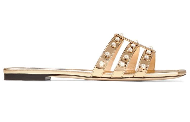 Jimmy Choo Hazal Flat Pearl Embellishment Metallic Leather Fashion Studded One-Strap Flip Flops Women's Gold 3
