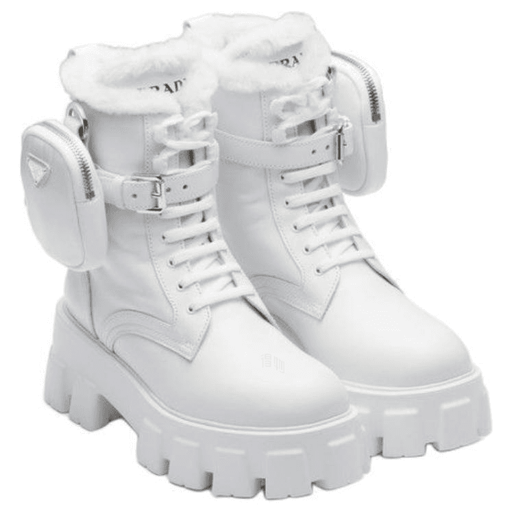 PRADA Monolith Leather Round Toe Lace-Up Ankle Boots Women's White 6