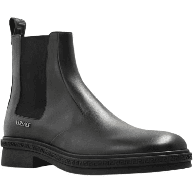 VERSACE Greca Calfskin Round-Toe Pull-On Short Chelsea Boots Men's Black 5