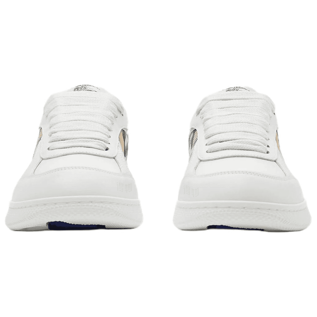 Burberry Terrace Women's Calfskin Check Equestrian Knight Label Round Toe Lace-Up Low-Top Sneakers White 5
