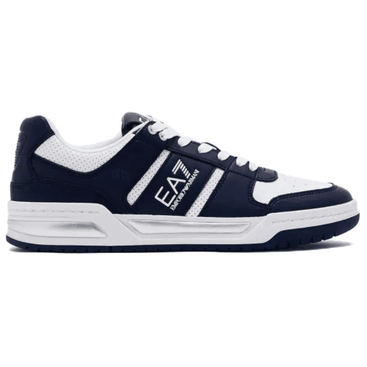EMPORIO ARMANI EA7 PU Fabric Synthetic Leather Cow Split Leather Round Toe Lace-Up Perforated Upper Color Block Logo Low-Top Skate Shoes Unisex Blue 4