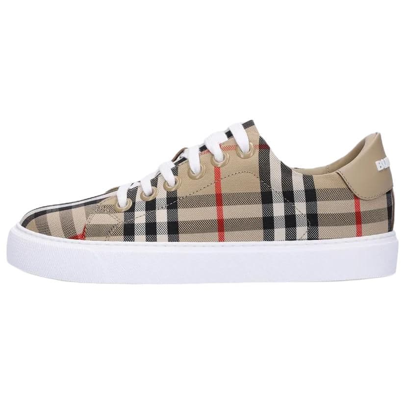 Burberry Cow Leather Cotton Round-Toe Lace-Up Low-Top Skate Shoes Women's Beige 2