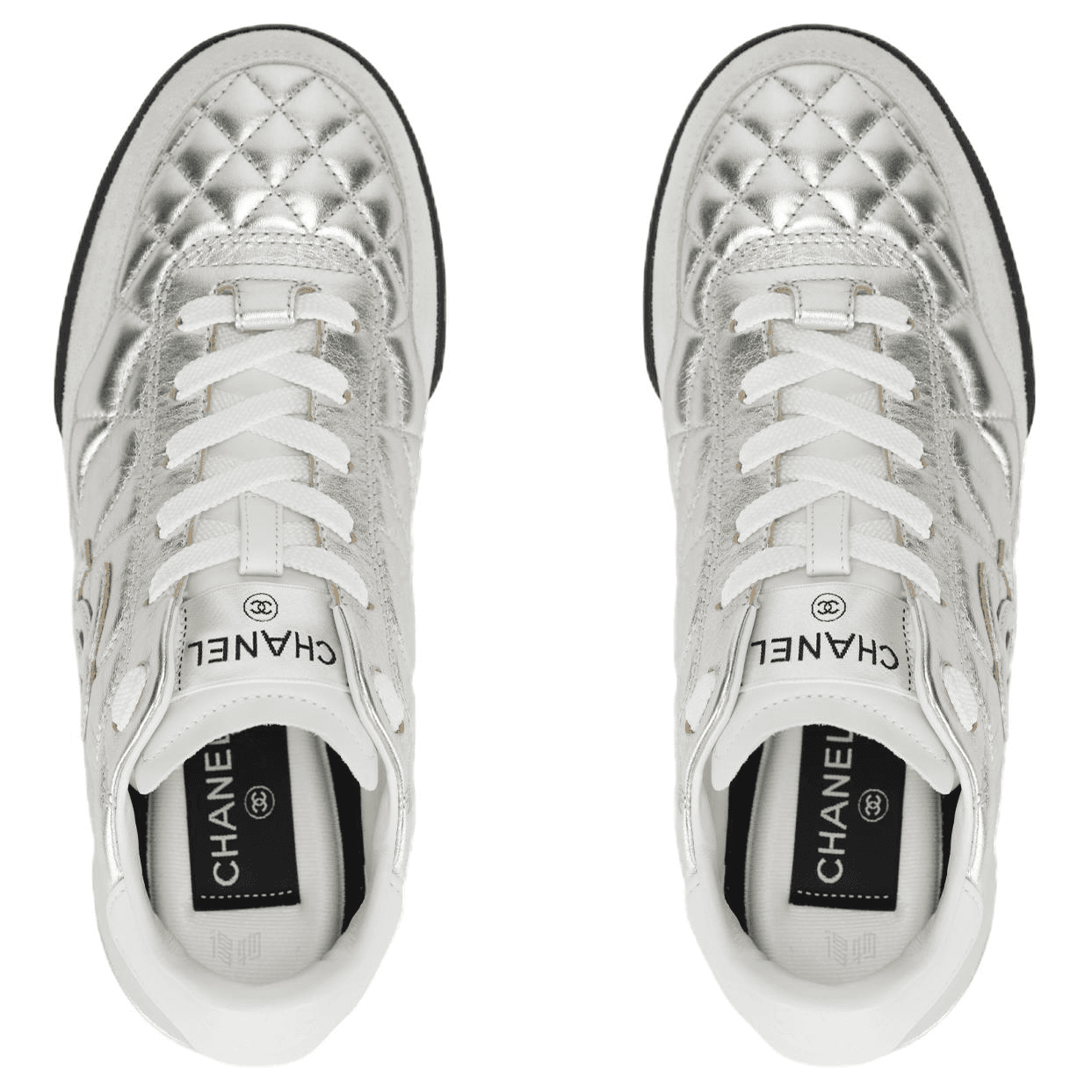 CHANEL 25S Laminated Calfskin Round Toe Lace-Up German Army Trainers Thin Sole Low-Top Casual Shoes Women's Silver 6
