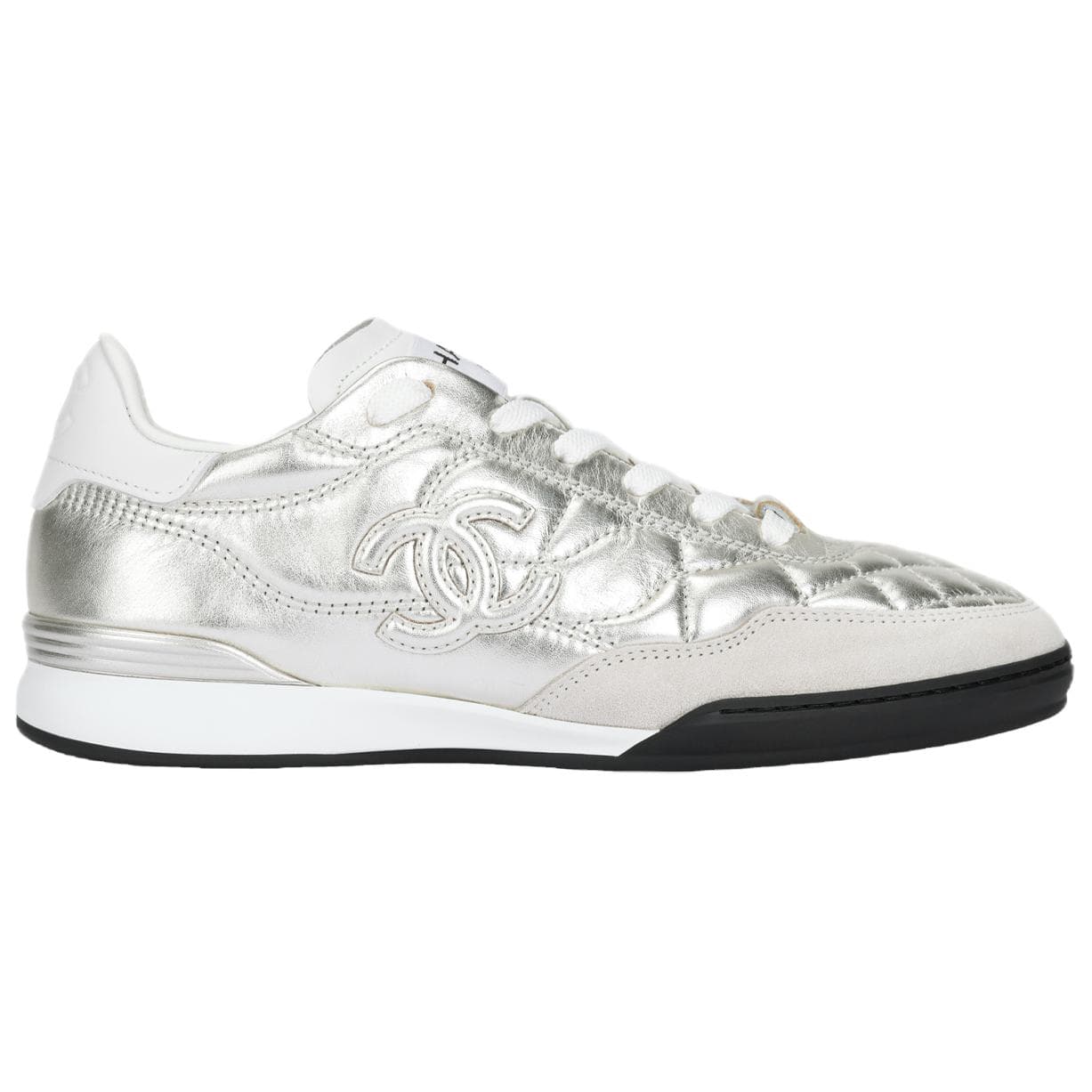 CHANEL 25S Laminated Calfskin Round Toe Lace-Up German Army Trainers Thin Sole Low-Top Casual Shoes Women's Silver 3