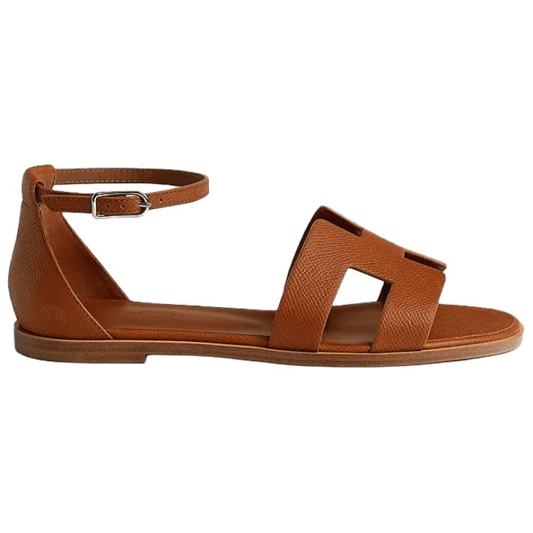 HERMES Santorini Calfskin Round Toe Buckle Flat Single-Strap Sandals Women's Brown 4