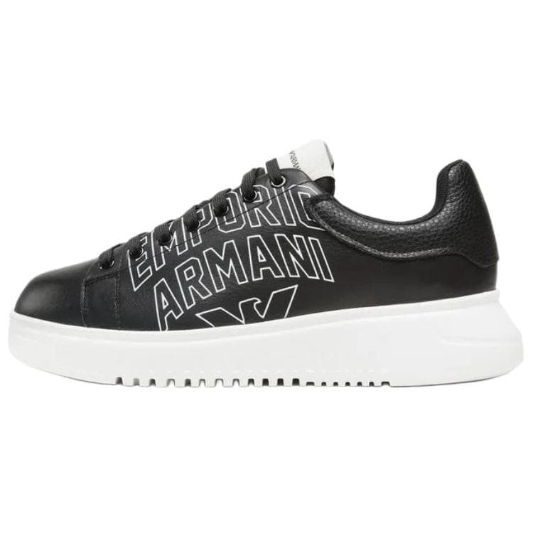 EMPORIO ARMANI Calfskin Low-Top Logo Print Fashion Sneakers Men's Black
