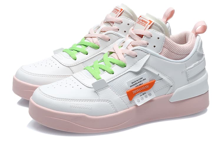 LiNing CF New Sequence Non-slip Lightweight Mid-Top Skateboard Shoes Women's White Pink 5