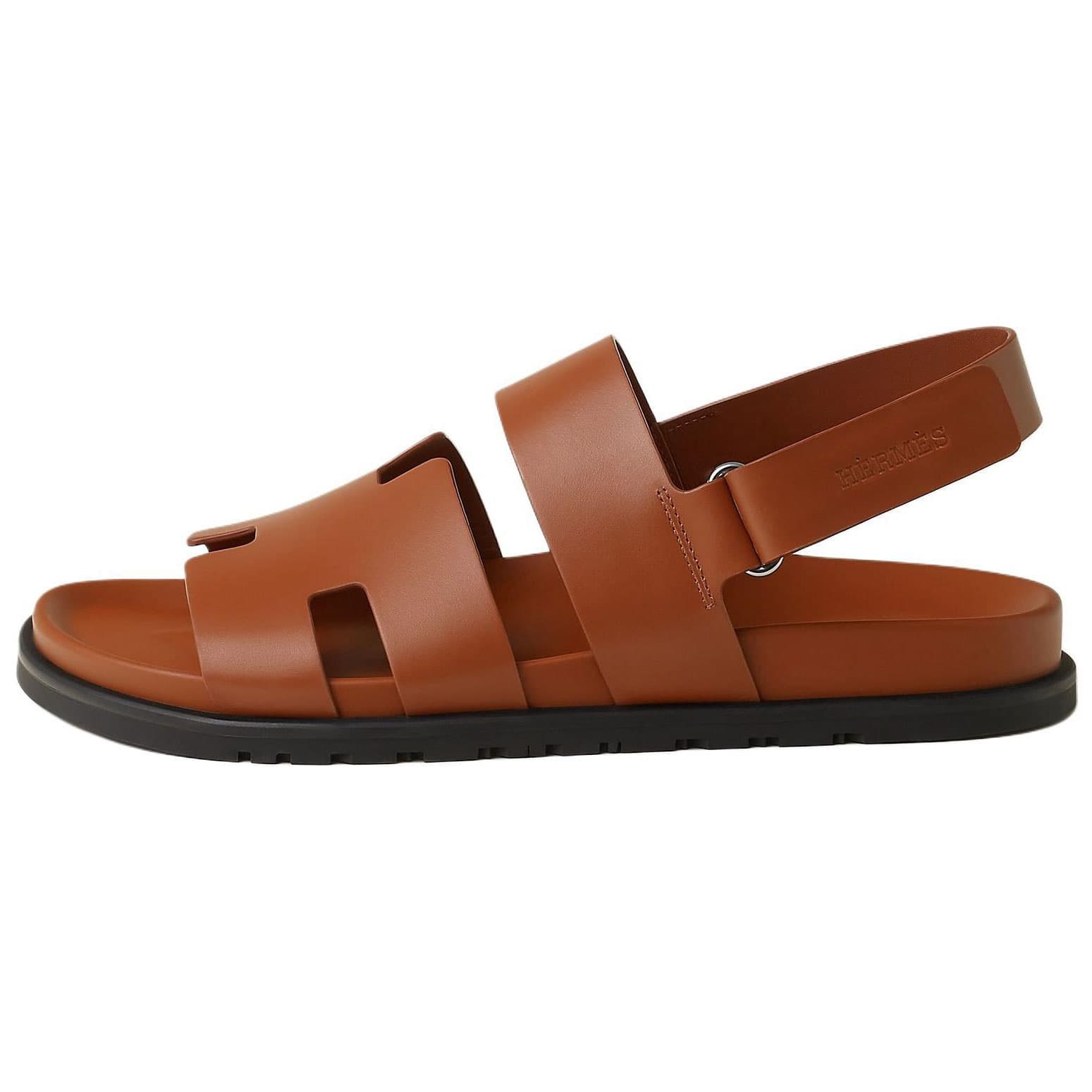 HERMES Genius Calfskin Open-Toe Strap Sandals Men's Brown