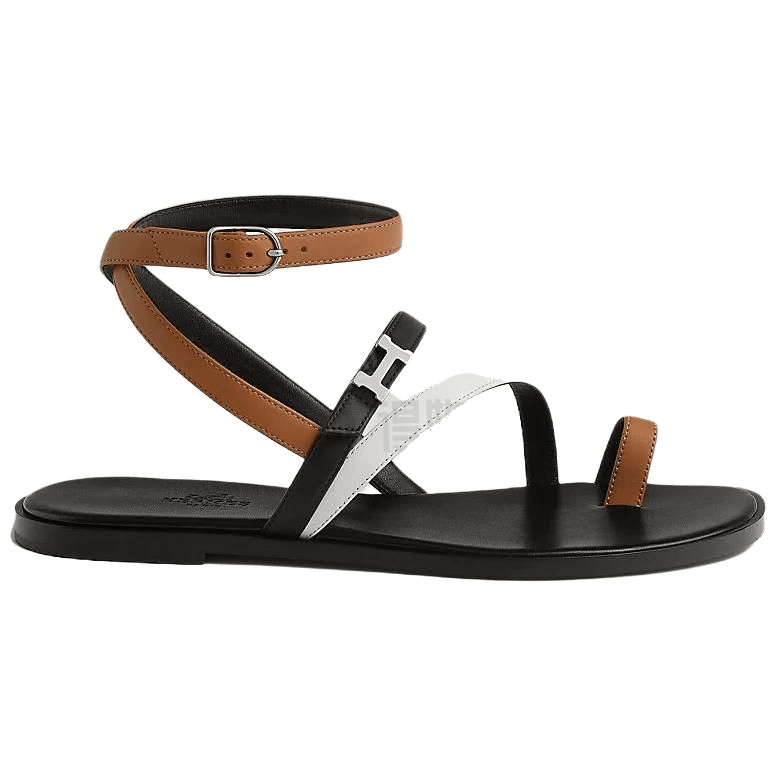 HERMES Harmonie Calfskin Round Toe Buckle Flat One-Strap Sandals Women's Black 3
