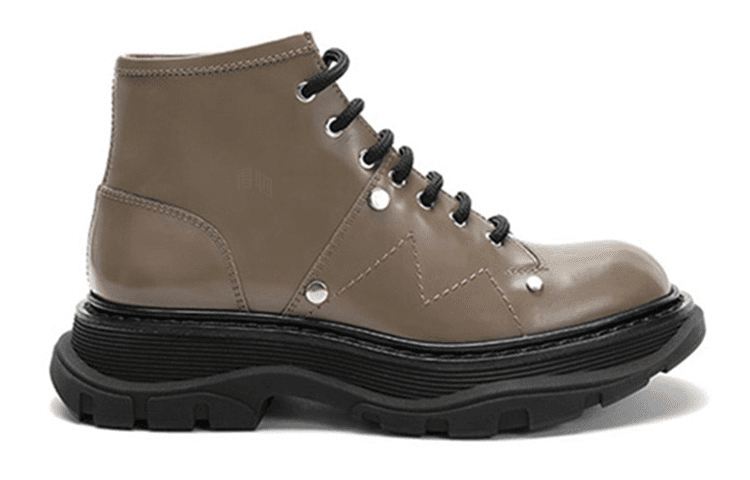 Alexander McQueen Tread Slick Leather Lace-Up Ankle Boots Women's Khaki 4