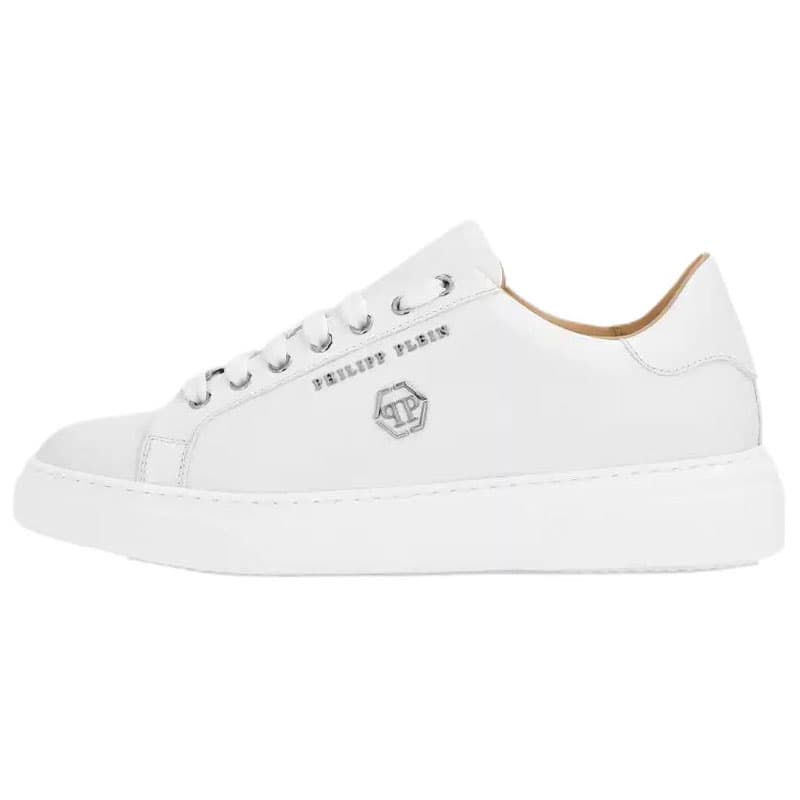 PHILIPP PLEIN Hexagon Calf Leather Round Toe Lace-Up Low-Top Skate Shoes Unisex White