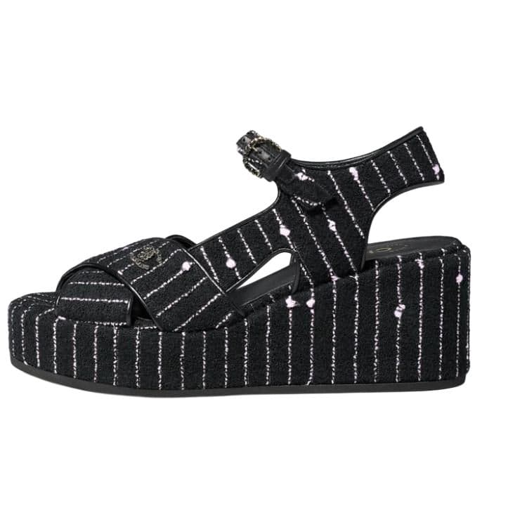 CHANEL Cotton Iridescent Tweed Logo Sandals Women's Black 2